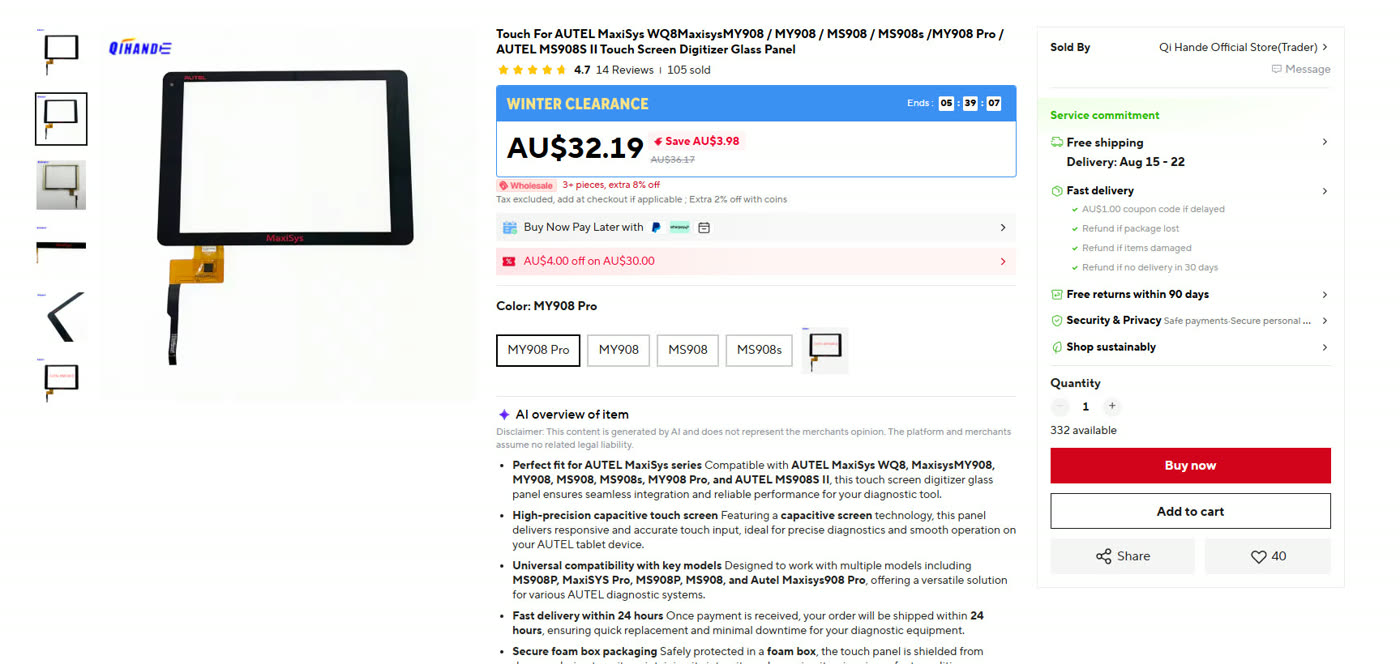 AliExpress listing for an Autel MaxiSys MY908 replacement digitizer