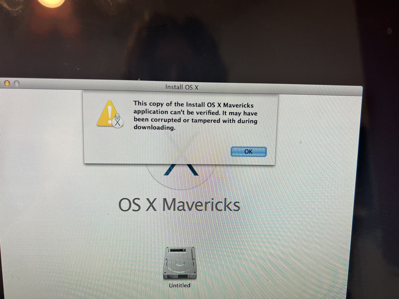 OS X Mavericks installer showing the verification error message